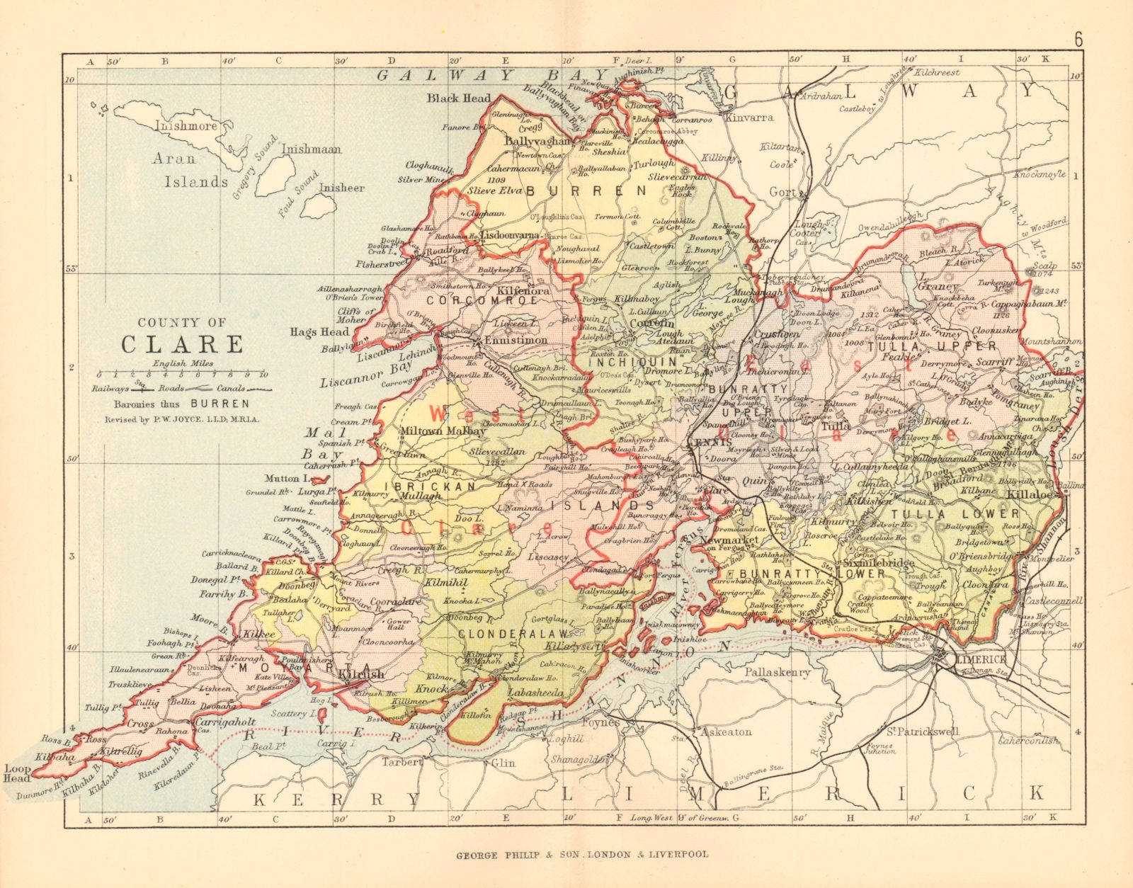 COUNTY CLARE. Antique county map. Munster. Ireland. BARTHOLOMEW 1886 old